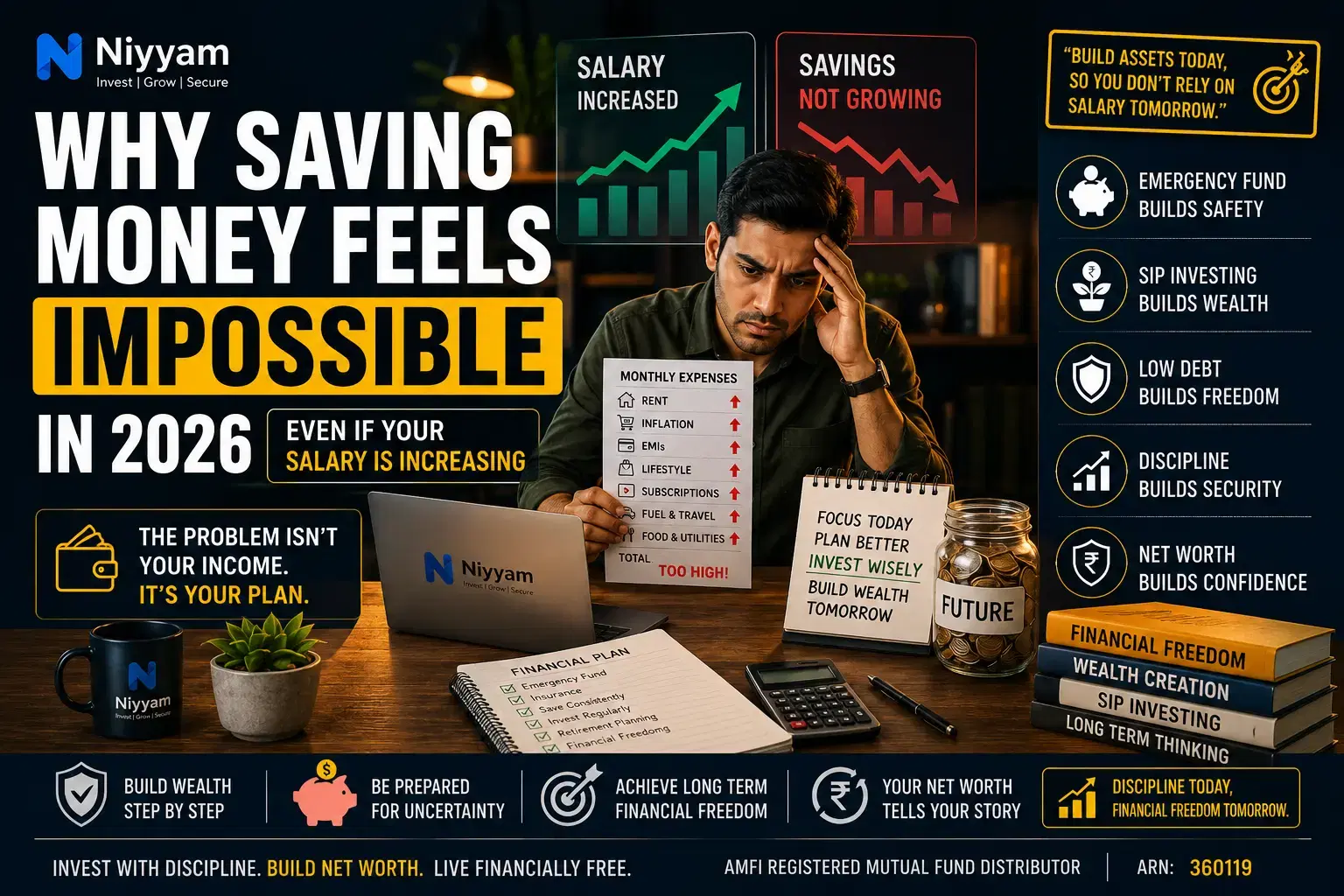 Why saving money feels impossible in 2026 despite salary increases, showing rising expenses, inflation, lifestyle inflation, EMIs, and wealth creation strategies.