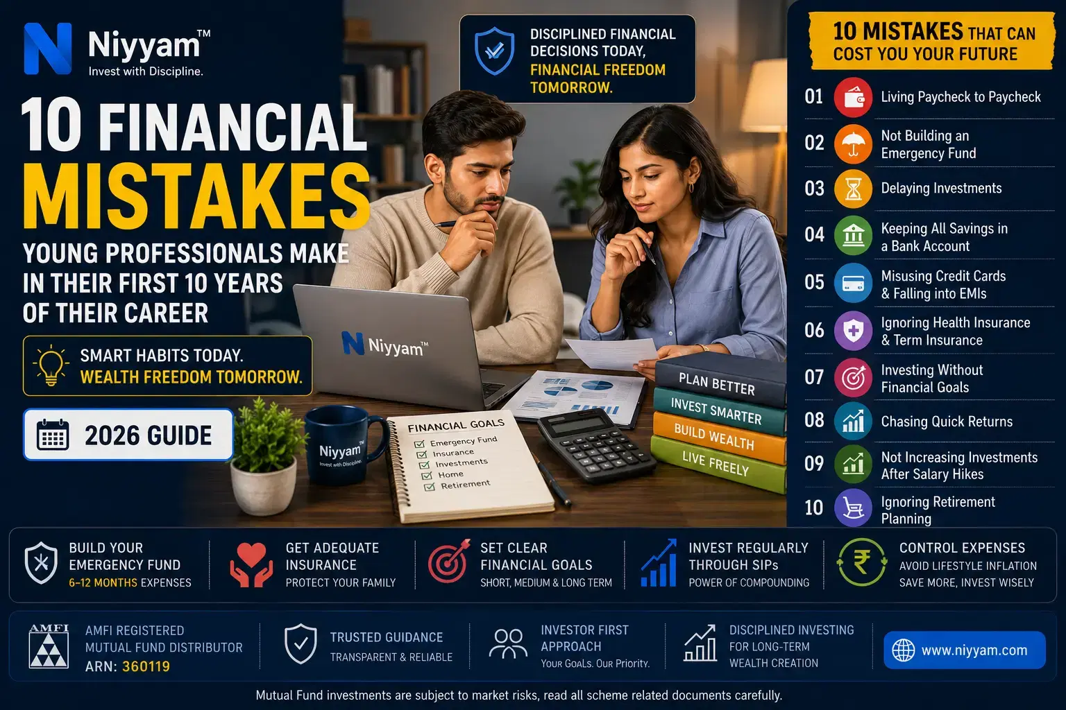 10 financial mistakes young professionals make during the first 10 years of their career illustrated by two professionals reviewing a financial plan